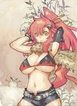  bikini_top breasts cleavage colored_eyelashes elbow_gloves eyelashes gloves huge_breasts long_hair meme50 red_hair scarf short_shorts shorts solo tengen_toppa_gurren_lagann yellow_eyes yoko_littner 