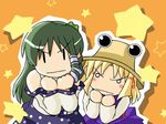  hana_(hana_mo_arashi_mo) hat icchae_popotan kochiya_sanae moriya_suwako multiple_girls parody popotan touhou 