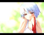  akino_sora bare_shoulders breasts cleavage collarbone half-closed_eyes holding kotonomiya_yuki looking_at_viewer pov red_eyes short_hair silver_hair simple_background small_breasts solo suigetsu upper_body vest white_background 