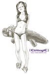  arms_behind_back bikini carrying closed_eyes flower full_body greyscale hair_flower hair_ornament inflatable_toy long_hair mihoto_kouji monochrome navel original parted_lips sandals shoe_flower simple_background solo swimsuit watermark web_address wet white_background 