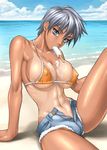  abs bang-you beach bikini_top breasts covered_nipples day denim denim_shorts food grey_hair large_breasts melting muscle navel one-piece_tan open_fly original popsicle shiny shiny_skin short_hair shorts solo tan tanline toned unzipped 
