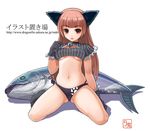  animal_ears breasts brown_hair cat_ears fang fish long_hair midriff original red_eyes small_breasts solo underboob yuugiri 