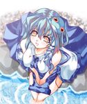  :o asymmetrical_hair blue_hair brown_eyes detached_sleeves frog_hair_ornament from_above hair_ornament hase_nanase kochiya_sanae long_hair long_sleeves looking_afar looking_up nontraditional_miko outdoors parted_lips river rock snake_hair_ornament soaking_feet solo touhou water 