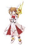  alternate_color bow fingerless_gloves gloves lyrical_nanoha magazine_(weapon) magical_girl mahou_shoujo_lyrical_nanoha mahou_shoujo_lyrical_nanoha_a's mizuno_minato purple_eyes raising_heart red_bow red_hair solo takamachi_nanoha twintails 