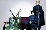  1boy 1girl bayonet black_hair blonde_hair boots chair couch flag fullmetal_alchemist gloves gun hand_on_hip marksman military military_uniform red_upholstery rifle riza_hawkeye roy_mustang scan sitting sword uniform weapon white_gloves 