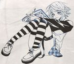  blue monochrome non-web_source rosario+vampire shirayuki_mizore solo striped striped_legwear thigh_strap thighhighs 