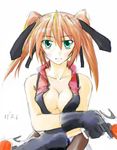  breasts cleavage cross_mirage dual_wielding gloves green_eyes holding lyrical_nanoha mahou_shoujo_lyrical_nanoha_strikers medium_breasts no_bra red_hair solo teana_lanster tokino_yuuki traditional_media twintails 