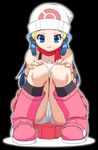  beanie black_background blue_eyes blue_hair boots full_body gambler_club hat hikari_(pokemon) long_hair panties pantyshot pink_footwear pokemon pokemon_(anime) pokemon_dp_(anime) red_scarf scarf simple_background smile solo underwear 