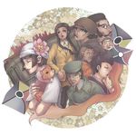  5boys bandana beret black_hair brown_eyes buttons cat closed_eyes closed_mouth conductor expressionless facial_hair flag formal glasses ground_vehicle hat ichikawa_setsuko lips lipstick long_hair long_sleeves looking_at_viewer lowres makeup mononoke multiple_boys multiple_girls mustache rimless_eyewear short_hair sidelocks suit train upper_body watase 