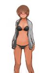  bikini brown_eyes brown_hair glasses h_(158cm) open_clothes open_shirt original shirt short_hair solo swimsuit 