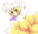  :o blonde_hair blush dress eyebrows_visible_through_hair hat kazumi_yoshizu long_sleeves looking_at_viewer multiple_tails ofuda parted_lips pillow_hat short_hair smile solo tail tassel touhou upper_body white_background white_dress wide_sleeves yakumo_ran 