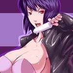  breasts cyborg food ghost_in_the_shell gloves huge_breasts kusanagi_motoko licking melting popsicle purple_hair red_eyes saliva sawao sexually_suggestive short_hair solo 