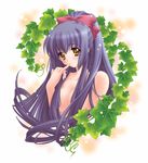  blush bow breasts brown_eyes highres kao_no_nai_tsuki kuraki_suzuna long_hair ponytail purple_hair topless 