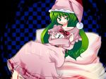  bad_id bad_pixiv_id clock eyebrows eyebrows_visible_through_hair green_eyes green_hair hair_between_eyes hat kazami_yuuka kazami_yuuka_(pc-98) long_hair long_sleeves mkz nightcap nightgown pajamas pillow reclining sleeves_past_wrists smile solo touhou touhou_(pc-98) 