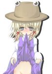  blonde_hair blue_eyes blush futase_hijiri groin hat moriya_suwako mouth_hold no_panties skirt skirt_lift solo touhou 