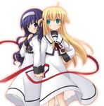  arisa_bannings holding_hands lyrical_nanoha mahou_shoujo_lyrical_nanoha minamura_haruki multiple_girls red_ribbon red_string ribbon school_uniform seishou_elementary_school_uniform string tsukimura_suzuka 