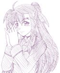  &gt;:) ahoge asymmetrical_hair closed_mouth eyebrows_visible_through_hair hair_between_eyes hair_ribbon hands_clasped hayami_ryouji long_sleeves looking_at_viewer lyrical_nanoha mahou_shoujo_lyrical_nanoha_strikers monochrome necktie own_hands_together ponytail purple quint_nakajima ribbon school_uniform simple_background sketch smile solo thick_eyebrows upper_body v-shaped_eyebrows white_background 