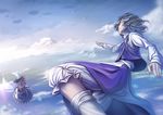  2girls cirno cloud flying hair_ribbon lain landscape letty_whiterock mountain multiple_girls outstretched_hand petals ribbon touhou wings 
