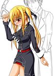  blonde_hair breast_grab breasts fate_testarossa grabbing long_hair looking_at_viewer lyrical_nanoha mahou_shoujo_lyrical_nanoha_strikers medium_breasts solo_focus taana 