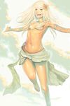  armpits bare_legs barefoot breasts cloud copyright_request flower foreshortening hair_flower hair_ornament highres jewelry kichin_yarou legs navel necklace no_lineart outstretched_arms sky small_breasts smile solo spread_arms 