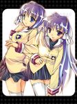  :d :o black_skirt blue_eyes blush buttons clannad emblem fujibayashi_kyou fujibayashi_ryou hair_intakes hikarizaka_private_high_school_uniform long_sleeves looking_at_viewer miniskirt multiple_girls open_mouth parted_lips pleated_skirt purple_eyes purple_hair ribbon school_uniform siblings sisters skirt smile thighhighs twins white_ribbon yu_yu 