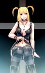  amane_misa blonde_hair chiba_toshirou cross death_note gothic jewelry nail_polish navel navel_piercing necklace open_clothes open_shirt piercing shirt smile striped striped_legwear thighhighs twintails 