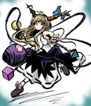  armpits blonde_hair blue_eyes blue_skirt blush chain cube dress fechirin gourd horns ibuki_suika long_hair looking_at_viewer low-tied_long_hair oni shirt skirt sleeveless sleeveless_dress solo touhou triangle very_long_hair white_shirt wrist_cuffs 