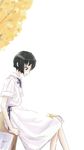  black_eyes black_hair bob_cut dress kanii_rate leaf looking_down neck_ribbon original profile ribbon short_hair short_sleeves sitting smile solo tree white_dress 