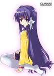  akane_souichi clannad fujibayashi_kyou long_hair purple_eyes purple_hair sitting skirt solo thighhighs very_long_hair zettai_ryouiki 