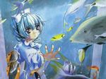  aquarium blue_hair bow butterflyfish dress fish full_metal_panic! ponytail shikidouji silver_hair solo teletha_testarossa traditional_media wallpaper water watercolor_(medium) white_dress 