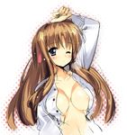  areolae blue_eyes blush breasts brown_hair cleavage large_breasts long_hair one_eye_closed open_clothes open_shirt original shirt sikorsky sketch solo 