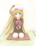  blonde_hair blue_eyes bow buttons cup hat kokotetsu large_buttons little_busters! long_hair noumi_kudryavka pink_bow school_uniform solo thighhighs very_long_hair 