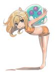 :d alien aqua_eyes armpits bangs bare_shoulders barefoot bent_over blonde_hair body_blush breasts child crop_top fangs from_side full_body happy kichin_yarou metroid metroid:_zero_mission metroid_(creature) midriff monster open_mouth orange_shirt outstretched_arms purple_eyes samus_aran shadow shirt short_shorts shorts side_slit small_breasts smile solo spread_arms standing younger 