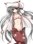  bangs bra danshaku fujiwara_no_mokou grey_hair groin long_hair navel open_clothes open_shirt red_eyes shirt silver_hair solo touhou underwear very_long_hair 