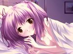  bare_shoulders blush breasts brown_eyes game_cg medium_breasts menum purple_hair solo sorairo_no_organ ueda_ryou 