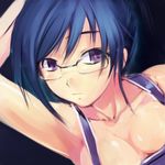  amei_sumeru armpits blue_hair breasts cleavage glasses lowres medium_breasts no_bra original purple_eyes short_hair solo 