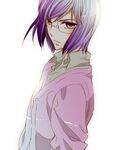  backlighting gundam gundam_00 lowres male_focus popped_collar purple_eyes purple_hair shirt simple_background solo sucharaka_honpo tieria_erde upper_body white_background 