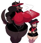  2018 absurd_res anthro big_breasts big_butt black_hair boss_(gats) breasts butt canine clothed clothing digital_media_(artwork) doberman dog duo eyelashes eyeshadow female hair hat hi_res high-angle_view holding_object holding_phone huge_breasts huge_hips human larger_female laverne_(sssonic2) long_hair looking_at_viewer makeup mammal midriff phone pizza_thot simple_background size_difference smaller_female smile sssonic2 thick_thighs uniform voluptuous white_background wide_hips yellow_eyes 