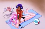  &gt;_&lt; 90s :3 alternate_hairstyle ball barefoot beach beachball bikini blue_eyes chu_chu_(shoujo_kakumei_utena) closed_eyes himemiya_anthy long_hair multiple_girls official_art pink_hair ponytail purple_hair scan short_hair shoujo_kakumei_utena soles swimsuit tenjou_utena topless trowel x3 