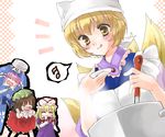  &gt;_&lt; ^_^ animal_ears apron blonde_hair blush bow cat_ears cat_tail chen closed_eyes coco_(artist) cooking dress elbow_gloves fang gloves hat japanese_clothes ladle long_hair multiple_girls multiple_tails musical_note oekaki open_mouth pink_hair plate pot ribbon saigyouji_yuyuko saliva short_hair smile spoon tail tongue touhou triangular_headpiece twintails white_gloves yakumo_ran yakumo_yukari 