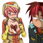  1girl artist_request between_breasts blush breasts chocolate cleavage gloves goggles hat heart medium_breasts mizuho_saiki multicolored_hair pink_hair raul_gureden red_hair short_hair super_robot_wars super_robot_wars_original_generation_gaiden two-tone_hair valentine 