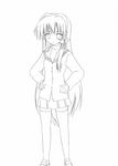  akane_souichi blazer clannad fujibayashi_kyou greyscale hands_on_hips jacket loafers long_sleeves looking_at_viewer miniskirt monochrome shoes simple_background skirt solo standing white_background 