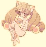  animal_ears bad_id bad_pixiv_id barefoot between_legs blade_(galaxist) brown_eyes brown_hair cat_ears cat_paws fetal_position full_body gloves hair_bobbles hair_ornament hand_between_legs kodomo_no_jikan kokonoe_rin licking lingerie long_hair looking_at_viewer lying no_panties paw_gloves paws plantar_flexion solo underwear 