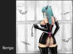  alternate_costume aqua_hair ark_(morita_hitomi) ass bangs bare_shoulders bat belt black_dress black_gloves black_legwear blunt_bangs breasts character_name collar cowboy_shot cross-laced_clothes cuffs demon_girl dress elbow_gloves frilled_dress frills from_behind gloves hand_on_hip handcuffs head_wings heart hips holding lace lace-trimmed_panties large_breasts long_hair looking_at_viewer looking_back morrigan_aensland panties profile red_eyes red_panties short_dress sideboob sidelocks slender_waist solo standing succubus thighhighs thong underwear vampire_(game) wallpaper window zipper 