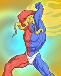  abs arms_up blonde_hair blue_skin facial_mark feet_out_of_frame forehead_mark gill green_eyes long_hair male_focus muscle red_skin solo street_fighter street_fighter_iii_(series) stretch yamamiya_hiroshi 