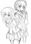  akane_souichi clannad fujibayashi_kyou fujibayashi_ryou greyscale hikarizaka_private_high_school_uniform monochrome multiple_girls school_uniform siblings sisters sketch thighhighs twins 