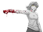  arcueid_brunestud blood blood_on_face bloody_clothes bloody_hands face hands monochrome outstretched_arm short_hair solo spot_color sweater tsukihime yanagi_(tsukiakari) yellow_eyes 