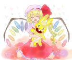  :d ^_^ ^o^ blonde_hair blush bunny closed_eyes coolier crystal cuddles demon_wings dress flandre_scarlet full_body happy happy_tree_friends hat mob_cap oekaki open_mouth puffy_short_sleeves puffy_sleeves red_dress short_sleeves simple_background sitting smile solo touhou wariza white_background wings 