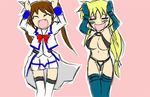  animated animated_gif blonde_hair bondage_outfit caramelldansen fate_testarossa lyrical_nanoha mahou_shoujo_lyrical_nanoha_strikers multiple_girls takamachi_nanoha thighhighs 