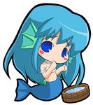  bandeau blue_eyes blue_hair blush_stickers bucket chibi hand_to_own_mouth head_fins jewelry lowres madou_monogatari mermaid monster_girl necklace puyopuyo seriri_(puyopuyo) solo strapless suntail tubetop white_background 